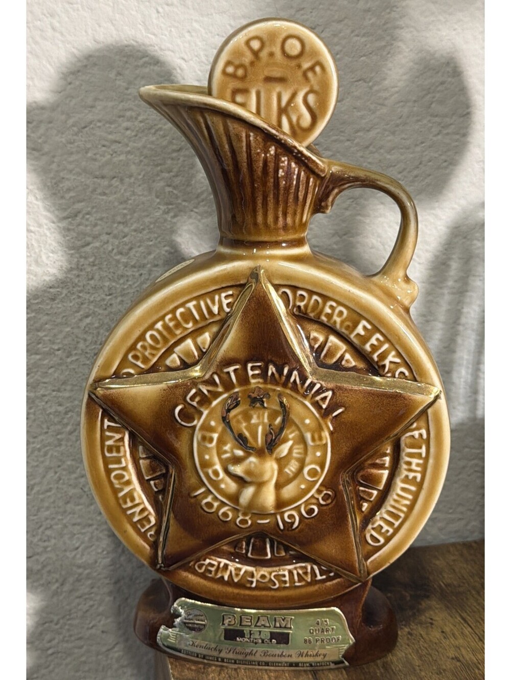 1968 Jim Beam BPOE ELKS Centennial Bourbon Whiskey Decanter Bottle READ Cork!
